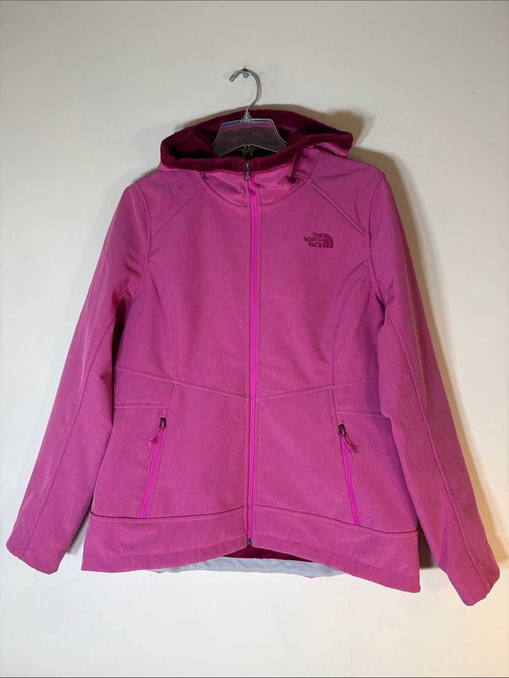 The North Face Magenta Hooded Puffer Jacket. L.
